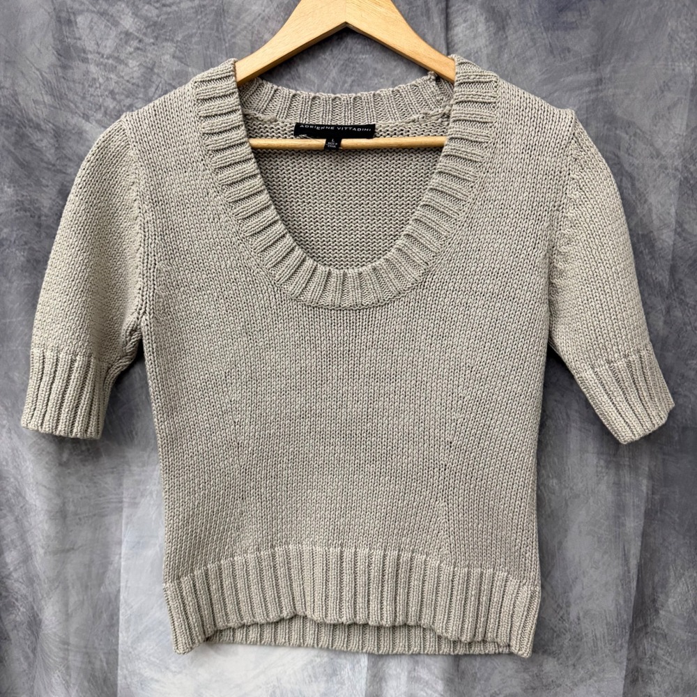 Adrienne Vittadini Beige 100% Cotton Short Sleeve Scoop Neck Knit Sweater Large